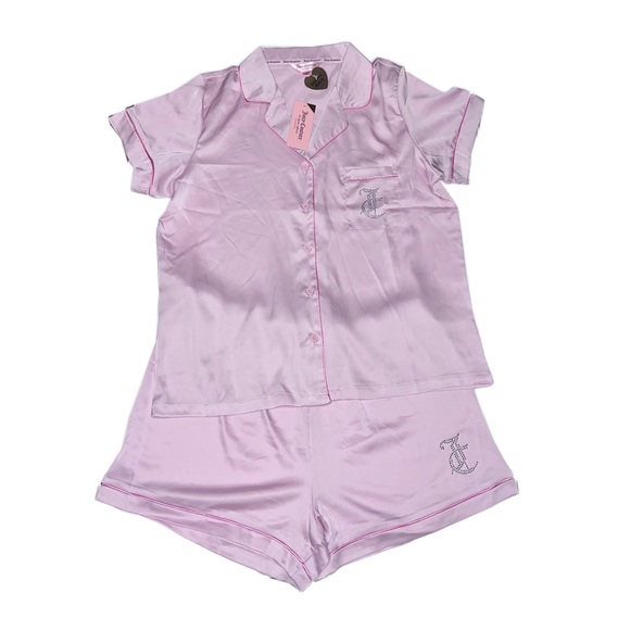 Nwt juicy couture baby pink satin pajamas set with rhinestone logo size M - Picture 2 of 11